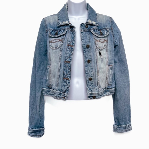 Distressed Blue Jean Denim Jacket Coat Medium Wash Button Close Pockets Large - Picture 1 of 9